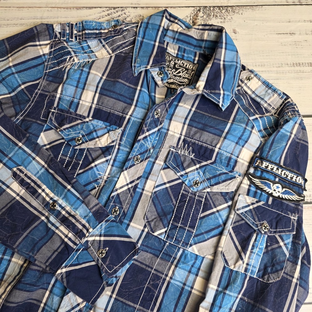 Affliction Long Sleeve Shirt Mens Medium Blue Plaid Metal Button Thick Stitch